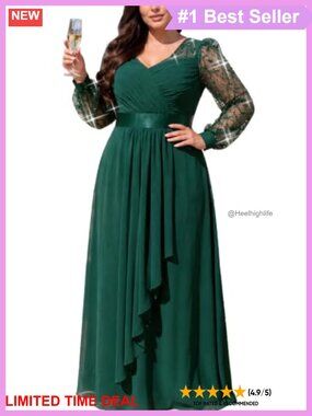 Plus Size Sequin Chiffon A-Line Formal Gown Maxi Dress Puff Sleeve V-Neck